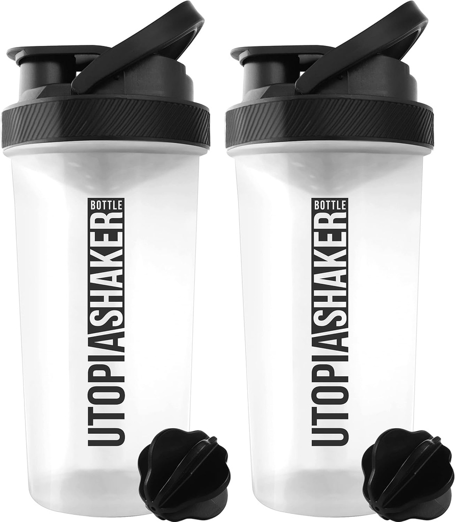Utopia Home Protein Shaker Şişe - (Pack of 2) 28-Ounce Shaker şişeleri Protein Mixes için - Fitness Sports Classic Protein Shak Shaker Şişe (Clear/Black)