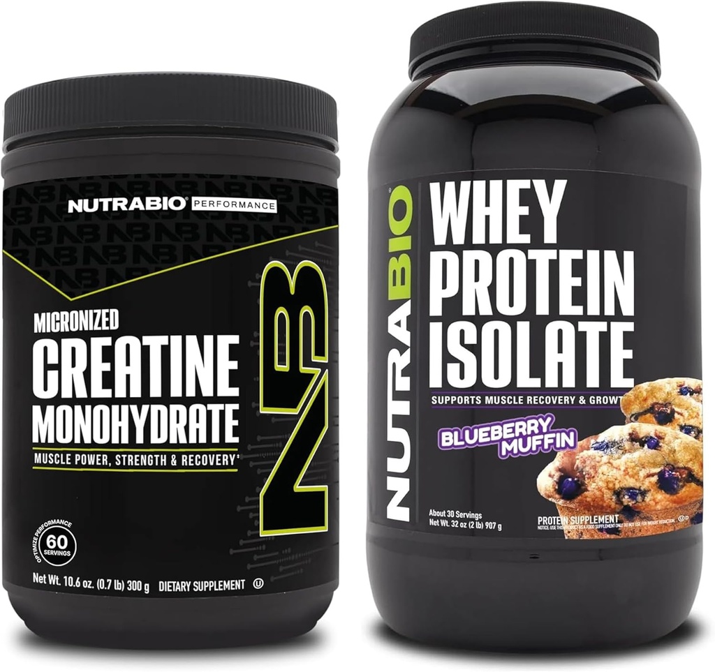 NutraBio Kretine Monohidrat, Unflavored, 300g ve Whey Protein Isolate, Blueberry Muffin, Supplement Sche - Muscle Energy, Lean Muscle growth, Recovery, and Strength