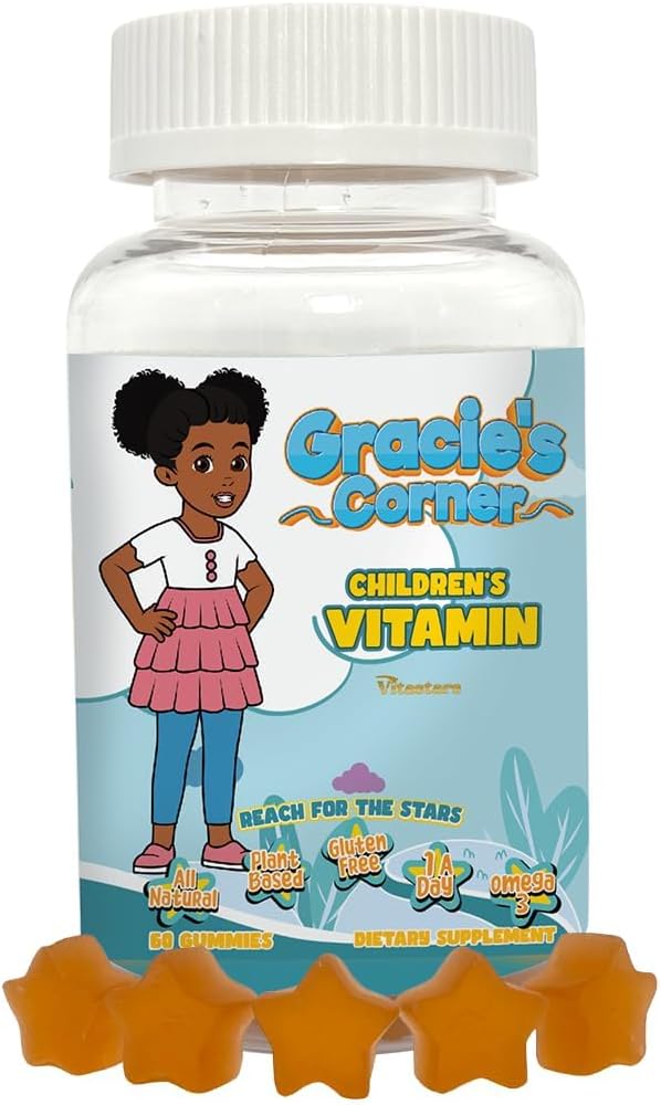Gracie's Corner Stars Kids Multivitamin Gummies with Omega 3 - Çocuk Vitaminleri A, B, C, D - Star-Shaped Toddler Multivitamins, Plant-Based, Gluten-Free Kids Gummy Vitamins, 60 Count