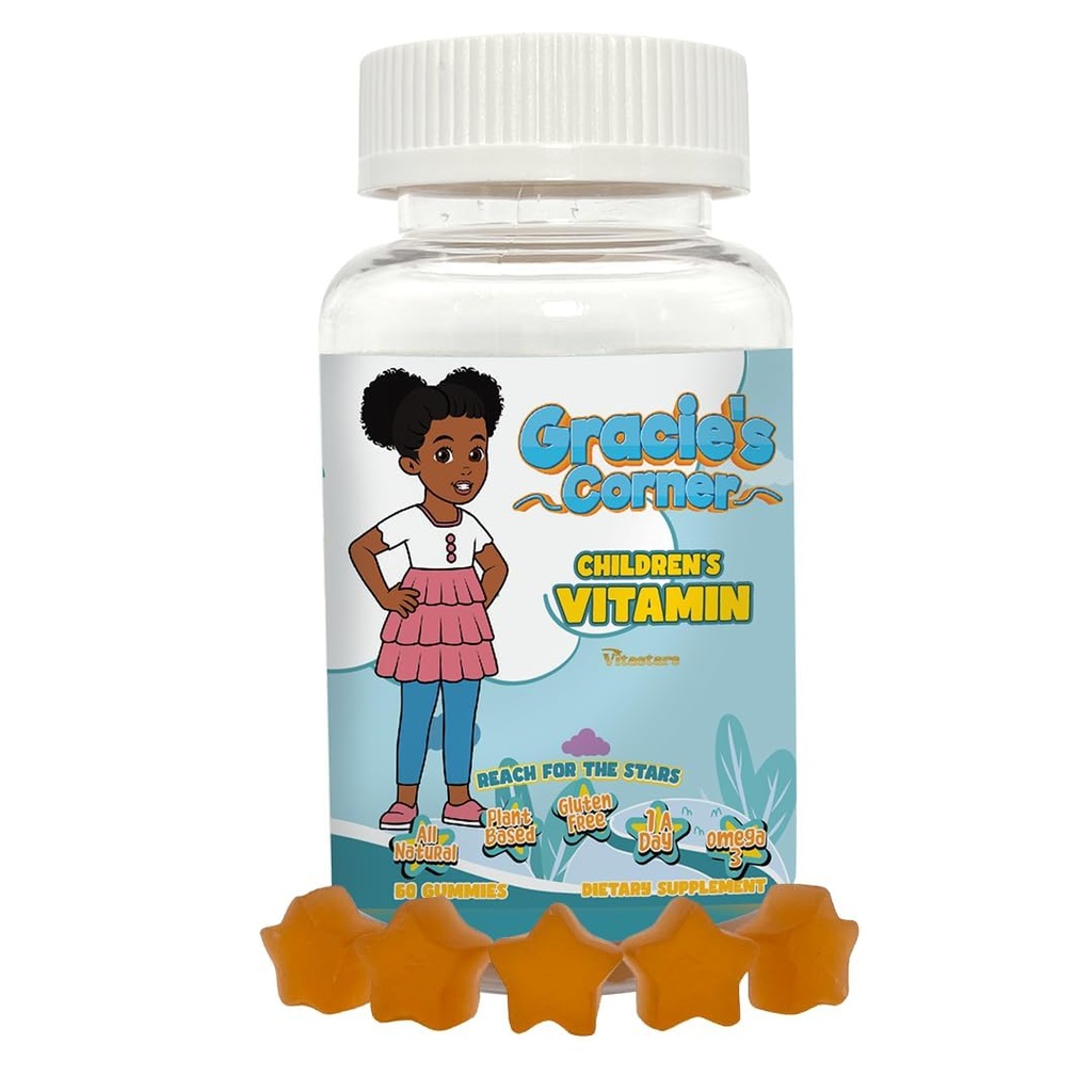 Gracie's Corner Stars Kids Multivitamin Gummies with Omega 3 - Çocuk Vitaminleri A, B, C, D - Star-Shaped Toddler Multivitamins, Plant-Based, Gluten-Free Kids Gummy Vitamins, 60 Count