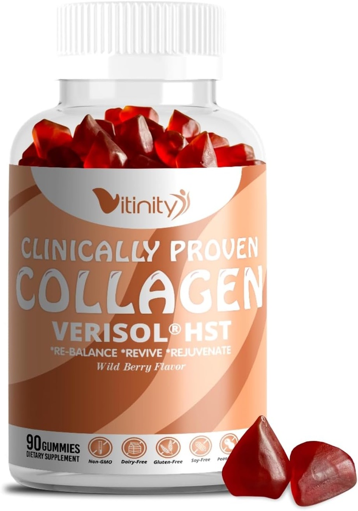VITINITY VERISOL® HST+HA+VIT C Collagen Hard Chewy Gummies Klinik olarak Proven Beauty. Şirketer,Smoother Skin,Fewer Wrinkles,Redük Hücreülite. İçinden Gerçek Güzellik. The Look-Good Feel- Good -30 Day Supply