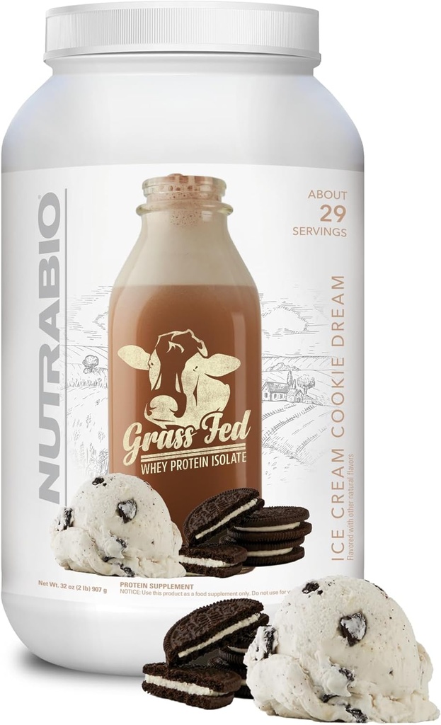NutraBio Grass Fed Whey Isolate Protein Powder - 25G Protein Per Scoop - Sugar Free Natural Lean Muscle Protein Supplement - Ice Cream Cookie Dream - 2 Λίρες, 29 Μερίδες