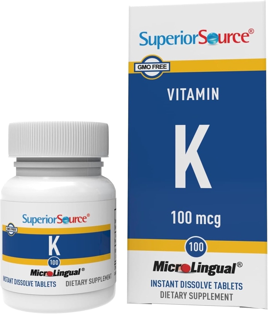 Superior Source Vitamin K 100 mcg - Δύναμη των οστών & συμπλήρωμα υποστήριξης της υγείας - Συμπλήρωμα βιταμίνης Κ Βοηθά την υγεία του αίματος & την απορρόφηση ασβεστίου - 30 υπογλώσσια δισκία διάλυσης