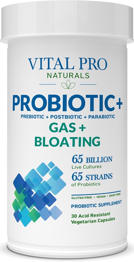 Vital Pro Naturals - Gas & Bloating Probiyotiks + Prebiyotiks, Postbiyotikler, Parabiyotikler, 4-in-1 Health Supplement for Yetişkinler, High Potency, 65 Strains, Once Daily Digestive and Immune Support, 30 ctt