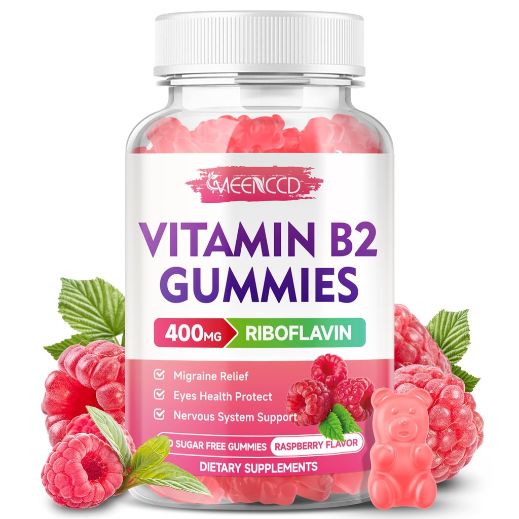 Βιταμίνη B2 Gummies Riboflavin 400mg συμπλήρωμα με μαγνήσιο για παιδιά και ενήλικες, B2 Gummies για την ανακούφιση της ημικρανίας & το νευρικό σύστημα Υποστήριξη, Vegan, χωρίς ζάχαρη, Raspberry Flavor, 60 Count