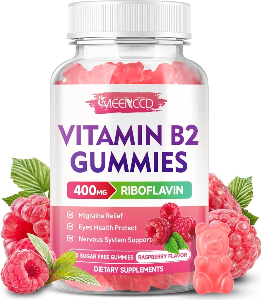 B2 Vitamini Çocuklar ve Yetişkinler için Magnezyum ile 400 mg Supplement, Migraine Relief & Nervous System Support, Vegan, Sugar-Free, Raspberry Flavor, 60 Count