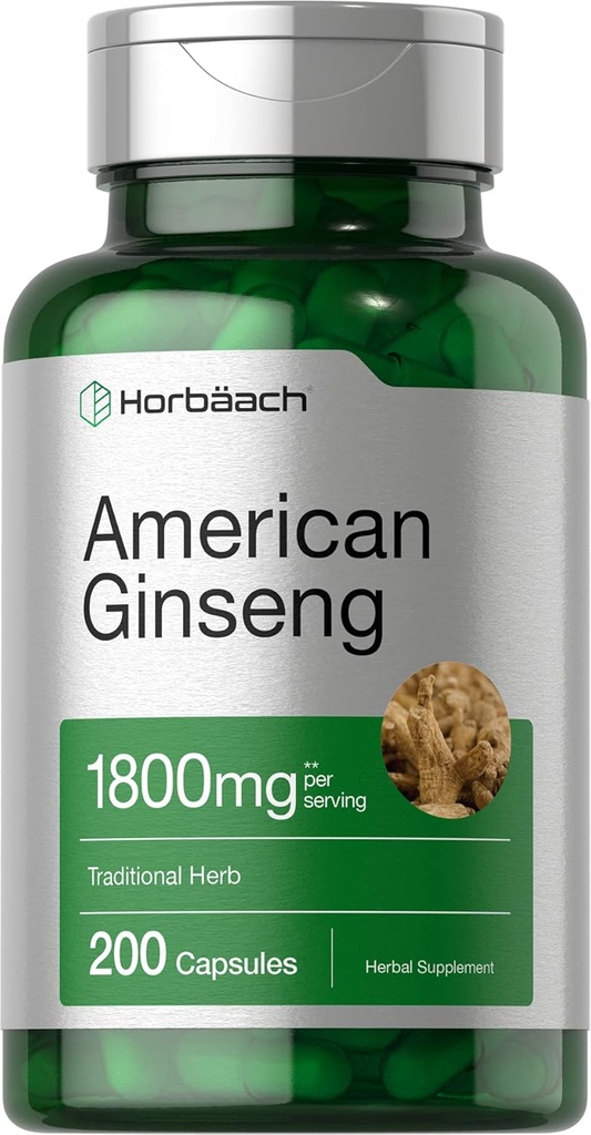 Horbäach American Ginseng Capsules | 1800 mg | 200 Count | Non-GMO, Gluten Free Supplement | Ginseng Kompleksi Kompleks
