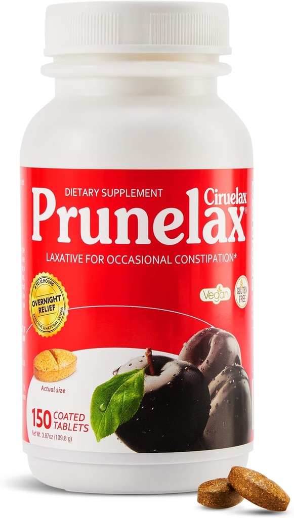 Prunelax Ciruelax Regular Strength Laxative Tablets - Natural-Ingredient Based Laxative for Occasional Constipation, Predictable Overnight Relief with Senna Leaf Extracts, 8-12 Hr Fast-Acting - 150ct