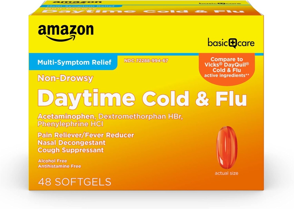 Basic Care Daytime Cold and Flu Relief Liquid Caps Softgel, Non-Drowsy Cold Medicine, Relief of Pain, Fire, Cough, Sore Throat, Nasal Congestion, 48 Count