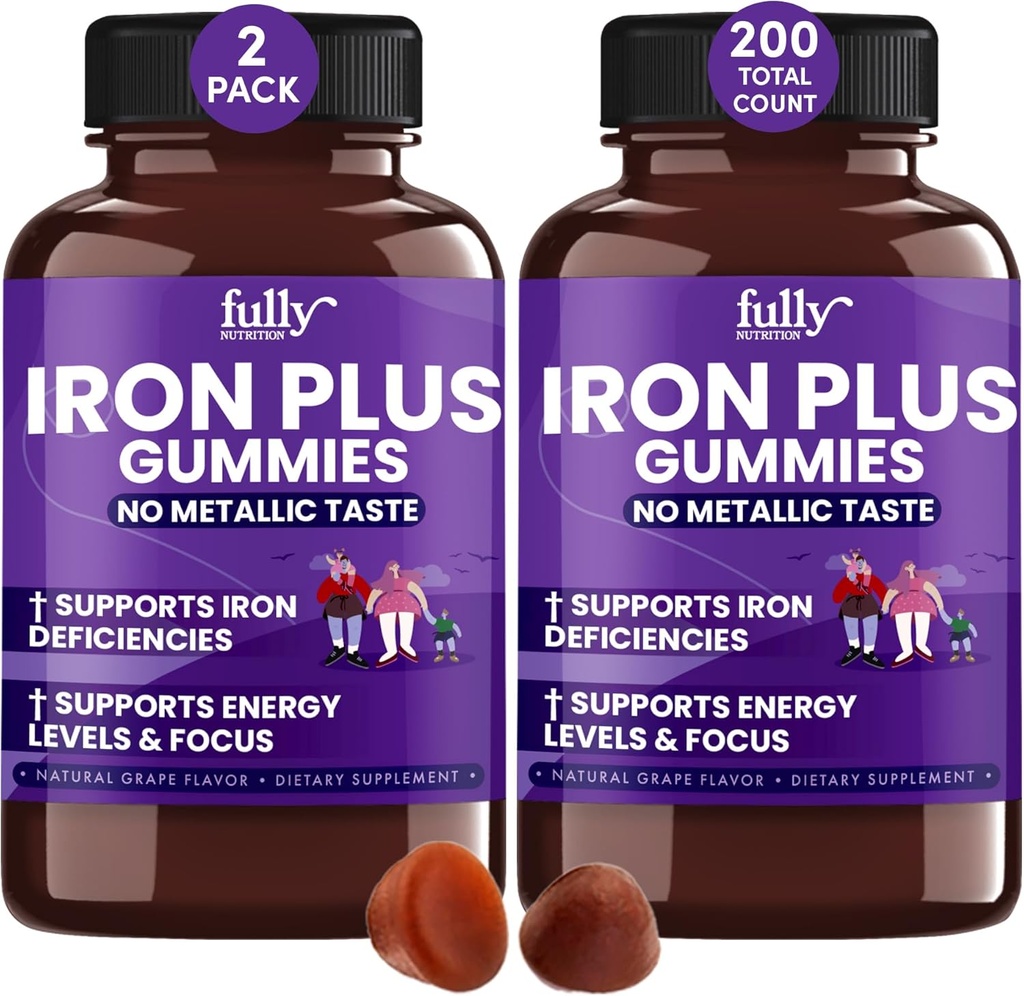 Yetişkinler (Kadınlar, Erkekler) ve Çocuklar için Demir Gummies Supplements - Grape Flavor- Supports Anemia, Energy and Focus Levels - 200 Countpe