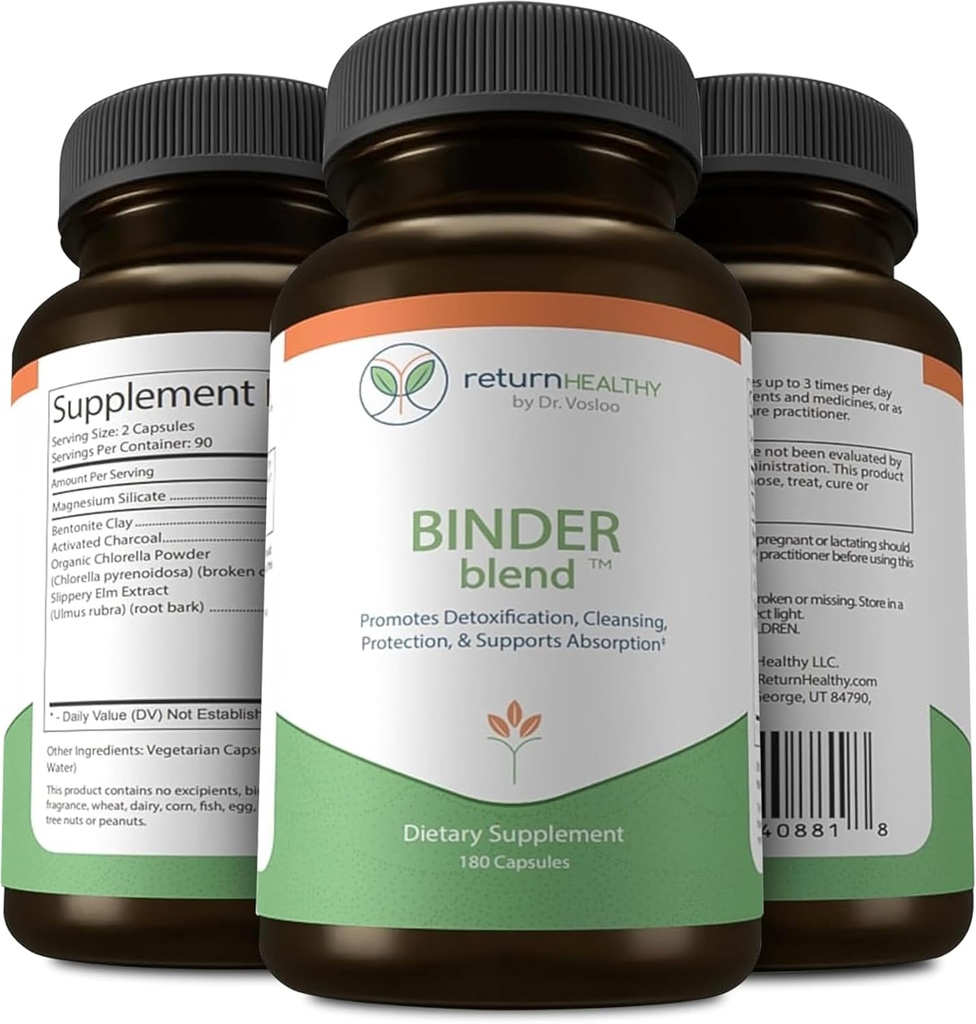 Binder Blend - Toxin Binder Supplement, Κάψουλες Detox για ένα υγιές έντερο - 180 κάψουλες - 90 Σερβιρίσματα - 960mg Ενεργοποιημένο Ανθρακό & 480mg Βιολογικό Χλωρέλλα - Ανακούφιση Bloating - Bentonite Clay, 3 Pack