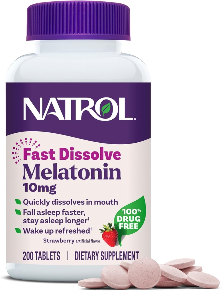 Natrol Fast Dissolve Melatonin 10 mg, Συμπληρώματα Μελατονίνης για Αναπαύσιμο Ύπνο, Υποστήριξη Ύπνου για Ενήλικες, 200 φράουλα-Flavored Tablets, Μέχρι 200 ημέρες προσφοράς