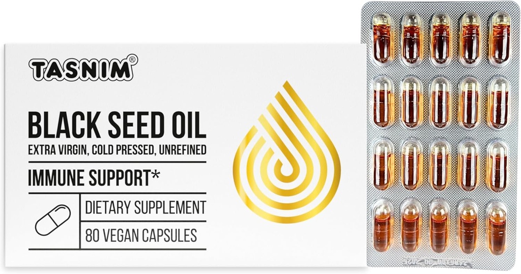 Tasnim Black Seed Oil Organic Cold Pressed Capsules% 100 Pure Cold-Pressed Black Cumin Seed Oil Nigella Sativa for Immune Support, Joint Comfort and Vitality