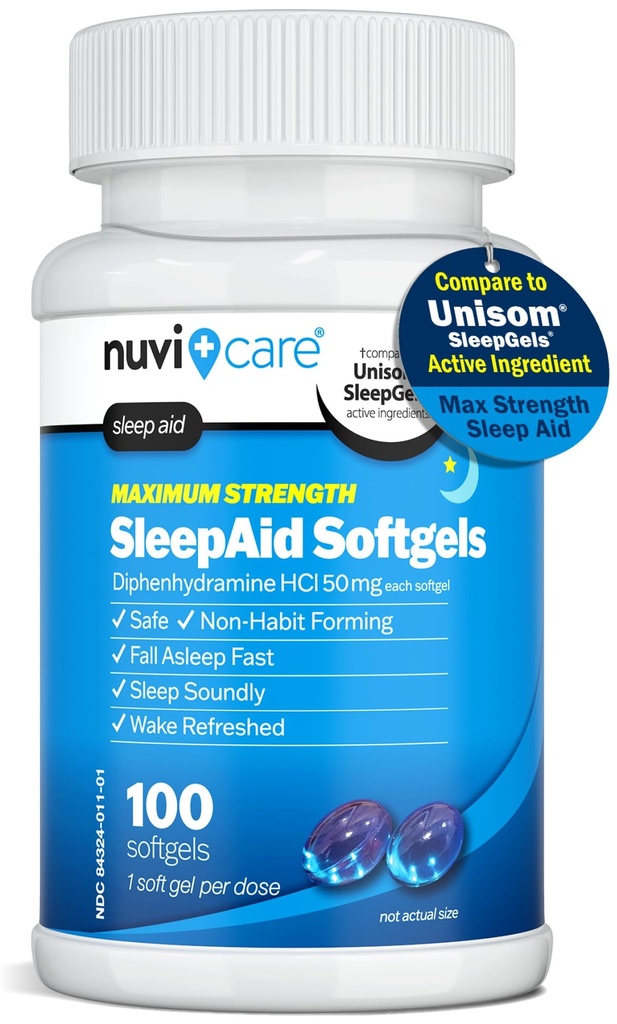 Maksimum Güçlü UykuAid Soft Gels - Gece Uyku Yardımı Diphenhydramine HCl 50 mg - Yetişkinler için Uyku Pilleri - Ekstra Güçlü OTC Sleep Aids for Yetişkinler (100 Count)