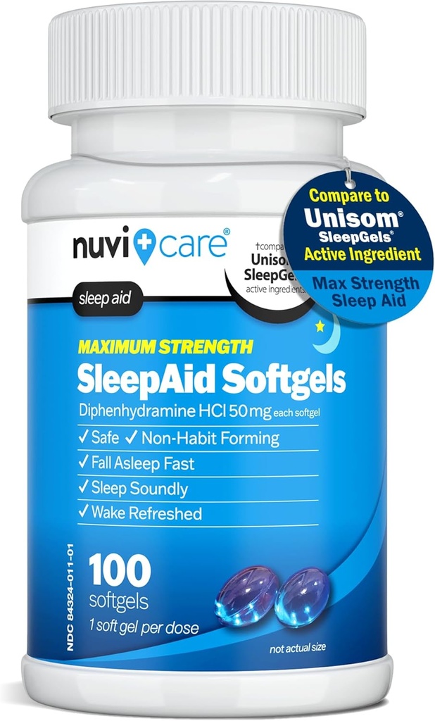 Maksimum Güçlü UykuAid Soft Gels - Gece Uyku Yardımı Diphenhydramine HCl 50 mg - Yetişkinler için Uyku Pilleri - Ekstra Güçlü OTC Sleep Aids for Yetişkinler (100 Count)