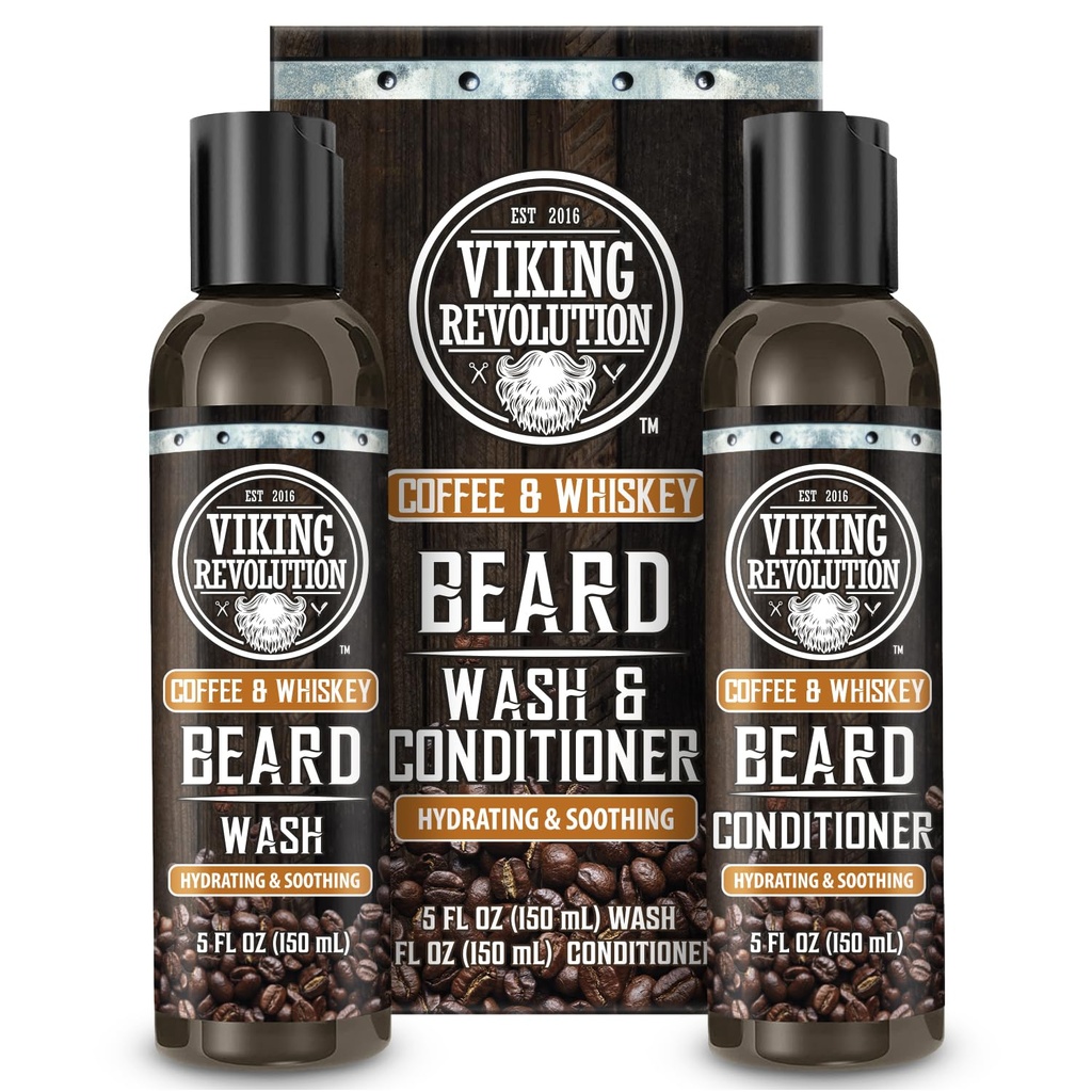 Viking Revolution Beard Wash and Beard Conditioner for Men with Argan Oil and Jojoba Oil-Beald Αποσκληρυντής και Ενισχυτής Beard Care Σαμπουάν και Conditioner με Ginseng Root(5oz, Καφές Ουίσκι)