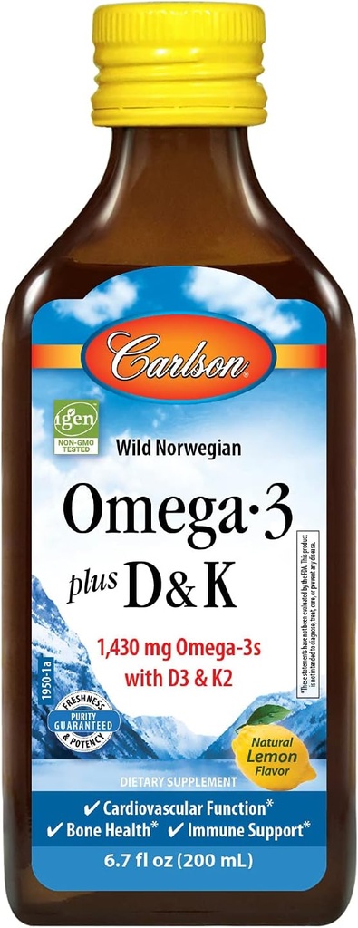 Carlson - Omega-3 + D & K, 1430 mg omega-3s, 2000 IU (50 mcg) D3, 90 mcg K2 MK-7, Kalp Sağlığı, Bone Support, Lemon, 200 mL