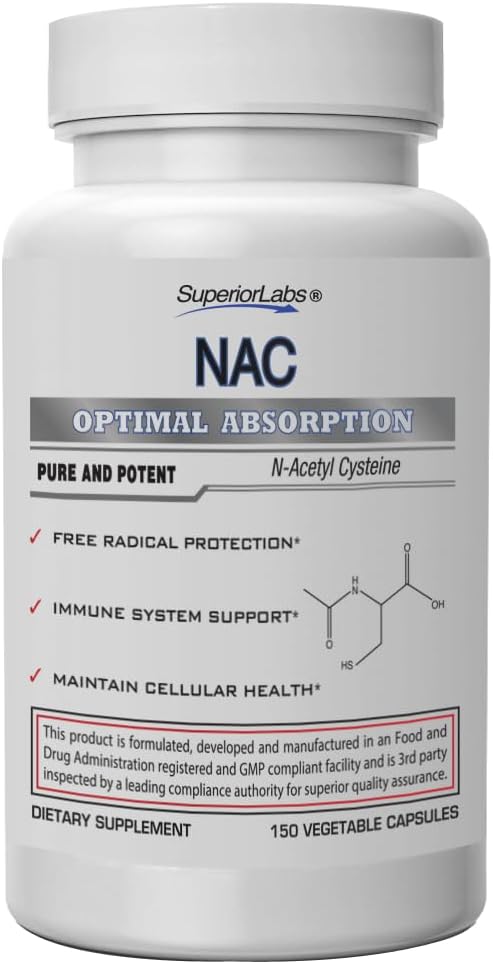 Superior Labs NAC (N-Acetyl Cysteine) 1,200mg, 150 Vegetable Capsules, Dietary Supplement with Selenium, Free Radical Protection, Normal Immune System Function, Maintains Cellular Health