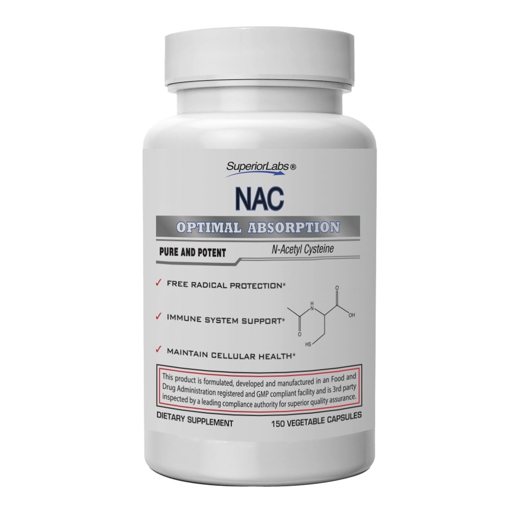 Superior Labs NAC (N-Acetyl Cysteine) 1.200mg, 150 κάψουλες λαχανικών, Συμπλήρωμα διατροφής με Σελήνιο, Ελεύθερη Ριζοσπαστική Προστασία, Κανονική λειτουργία ανοσοποιητικού συστήματος, Διατηρεί την Κυτταρική Υγεία