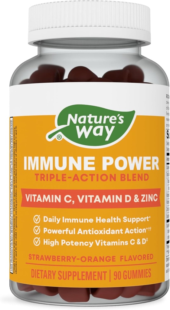 Nature's Way Immune Power, Triple Action Immune Support Blend*, C ve D, çinko, Strawberry-Orange Flavored, 90 Gummies