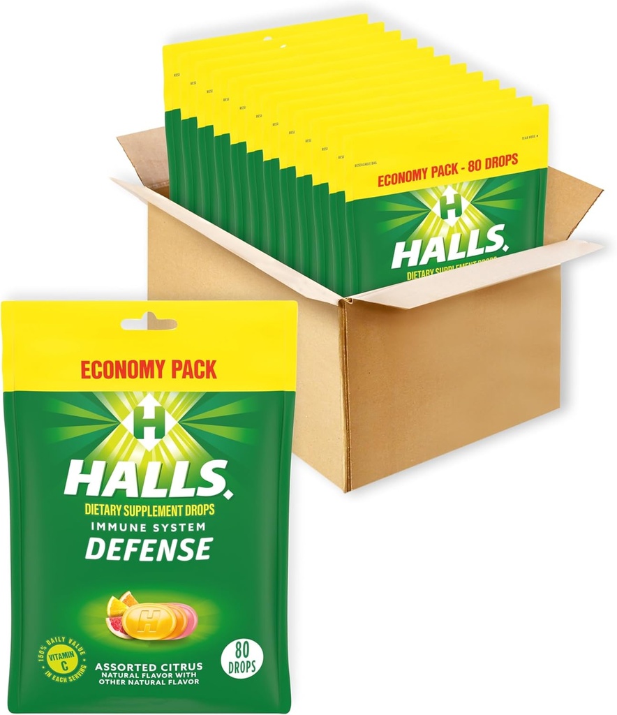 HALLS Savunma Citrus Vitamin C Drops, Dietary Supplement Drops, Economy Pack, 12 Çanta (960 Total Drops)