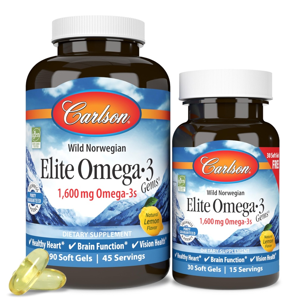Carlson - Elite Omega-3 Gems,1600 mg Ωμέγα-3 Λιπαρά Οξέα Συμπεριλαμβανομένων των EPA και DHA, Norwegian, Wild-Caught fish oil Συμπλήρωμα, Βιώσιμα πηγασμένα κάψουλες, λεμόνι, 90+30 Softgels