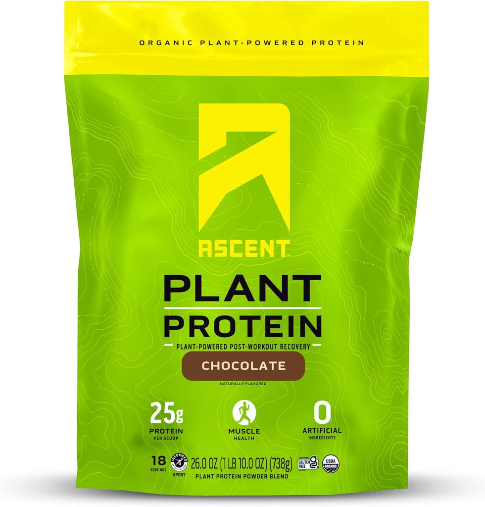 Ascent Plant Based Protein Toz - Non Dairy Vegan protein, Zero Yapay Malzemeler, Soy & Gluten Ücretsiz, Eklenmiş Şeker, 4g BCAA, 2g Leucine - Chocolate, 18 Servisler