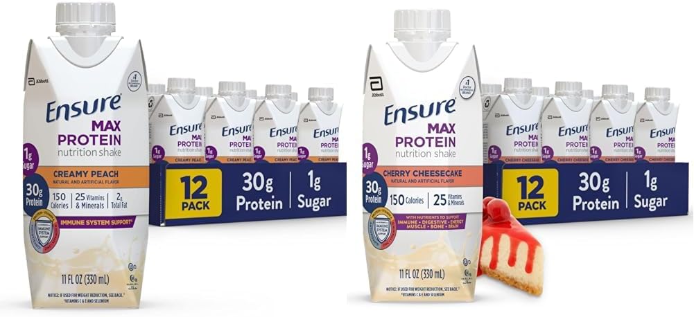 Ensure Max Protein Nutrition Shake with 30g Protein, 1g Sugar, High Protein Shake, Creamy Peach and Cherry Cheesecake Variety Pack, 11 fl oz, Pack of 12