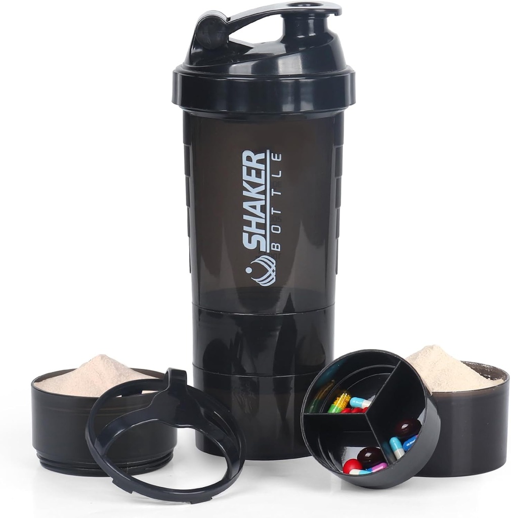 VECH Shaker Şişeler Protein Mixes Workout Shaker Leak Pro 3 OZ Pill Tray for Storage protein Toz Shake Şişe 16 OZ Shake Cup (Black)
