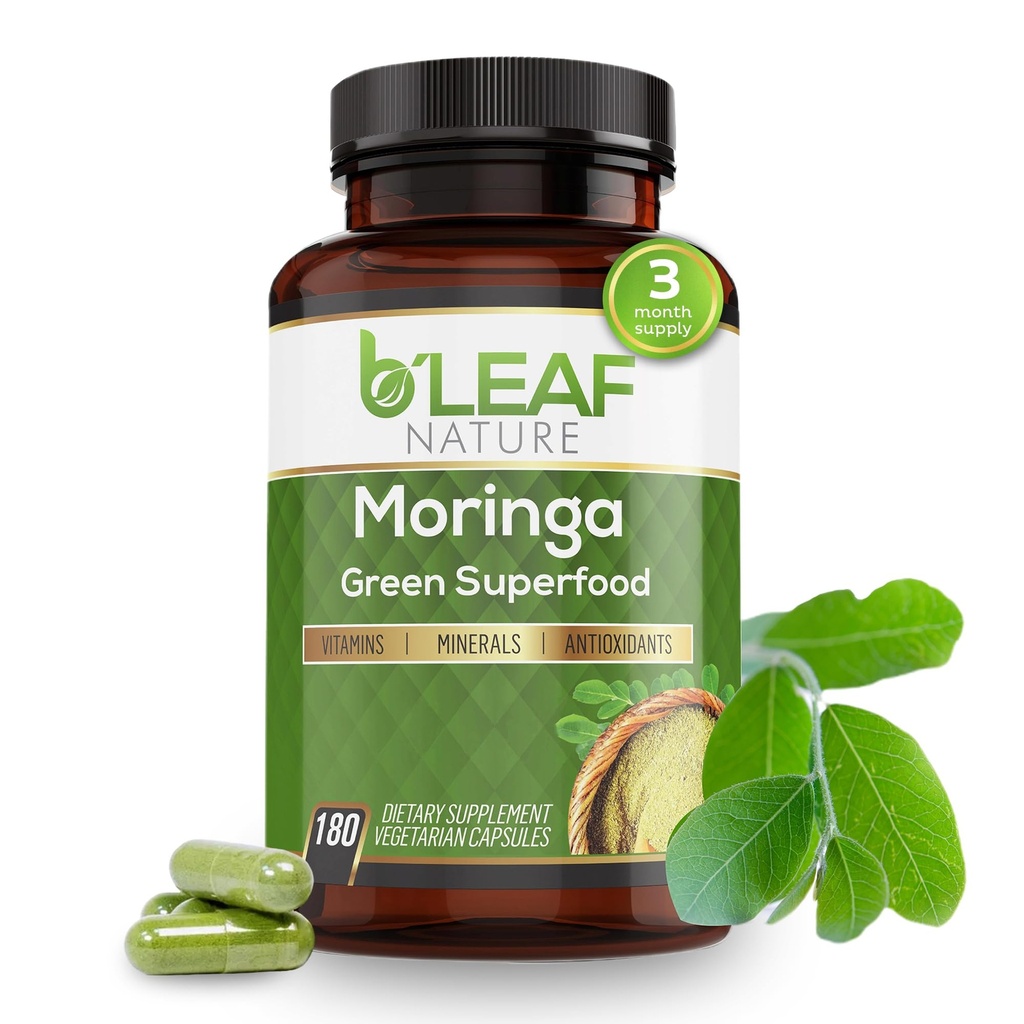 B'LEAF N Vitamin Organik Moringa Capsules 1000 mg, 180 Count - Moringa Capsules with Organic Olefeira Toz for Immune Support, Energy & Balance - Vegan, Non-GMO Supplements for Daily Wellness
