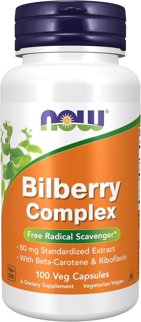 NOW Foods Supplements, Bilberry (Vaccinium myrtillus) Complex 80 mg με Beta-Carotene & Riboflavin, 100 Veg Κάψουλες
