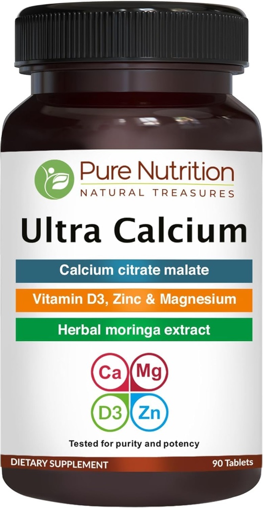 Pure Nutrition Ultra Calcium 1000mg with VIT D3 + K | 90 Tab | Calcium Supplement with Calcium Citrate Malate, VIT D3, K, Moringa Oleifera, Magnesium and Zinc.
