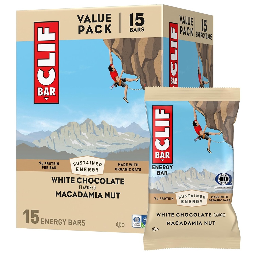 CLIF BAR - Enerji Protein Barları - Beyaz Çikolata Macadamia Nut - Organik Oats - Enerji Barları - Non-GMO - (15 Pack)