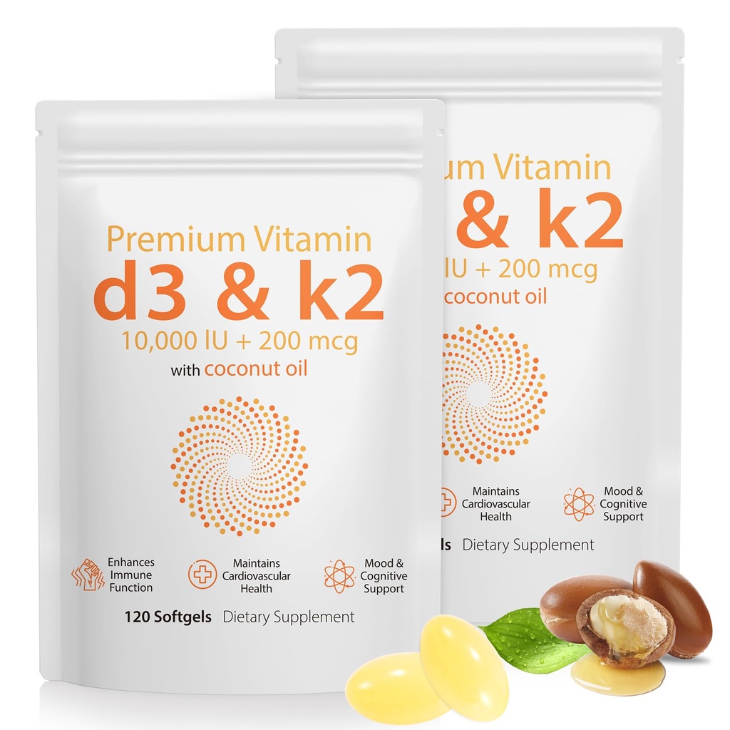 D3 K2 Βιταμίνη 10000 IU - 240 Virgin Coconut Oil Softgels, 2 in 1 Βιταμίνη D & K Complex Supplement Softgel - Ανοσολογική Υποστήριξη και Απορρόφηση Ασβεστίου, Οστών και Καρδιάς Υγεία (240 Count (Pack of 2))