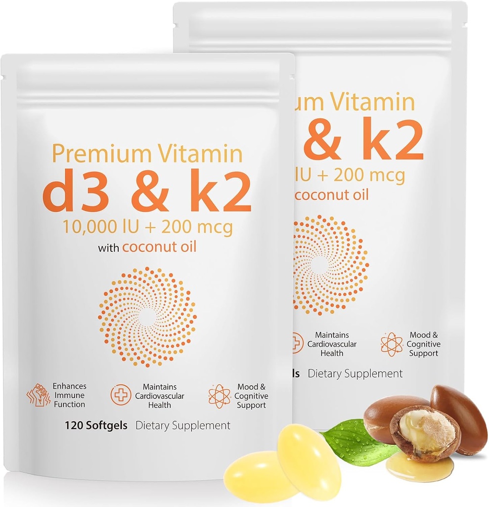D3 K2 Βιταμίνη 10000 IU - 240 Virgin Coconut Oil Softgels, 2 in 1 Βιταμίνη D & K Complex Supplement Softgel - Ανοσολογική Υποστήριξη και Απορρόφηση Ασβεστίου, Οστών και Καρδιάς Υγεία (240 Count (Pack of 2))