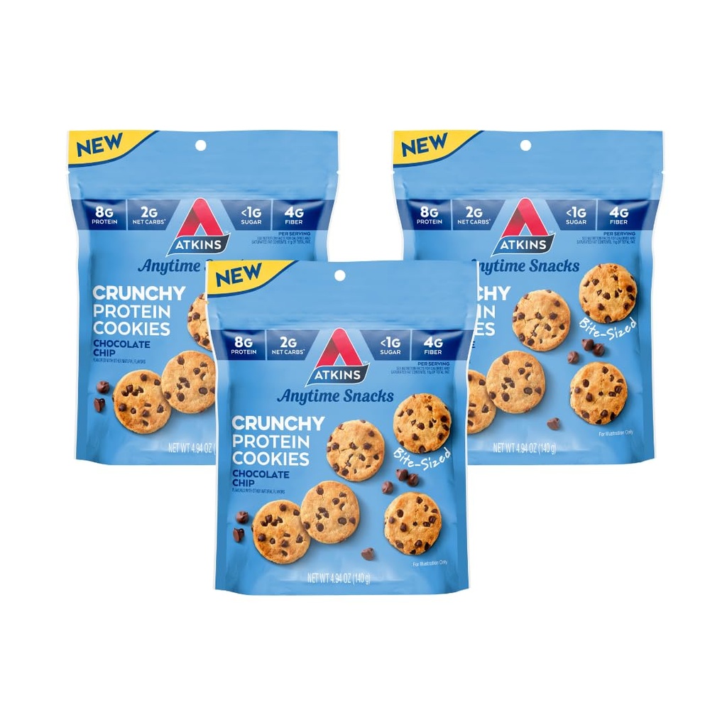 Atkins Bite-sized Crunchy Protein Cookies, Chocolate Chip, 8g Protein, 4g Fiber, 1g Net Carb, 1g Ζάχαρη, Keto Friendly, 3 Τσάντες (5 σερβιρίσματα ανά τσάντα)