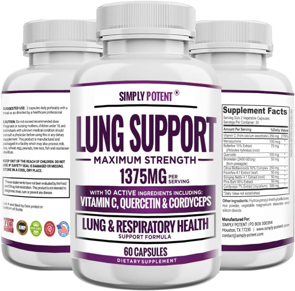 Lung Cleanse & Detox için Lung Support Supplement, Comprehensive Formula - Quercetin with Bromelain Nettle Vitamin C K2 & 500 mg Cordyceps for Lung Health, Respiratory & Bronchial Support, 60 Capsules