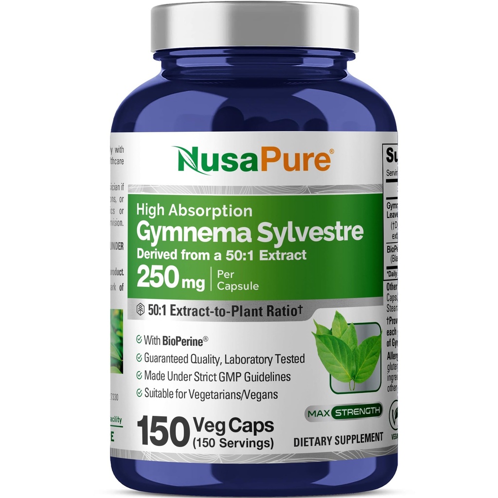 NusaPure Gymnema Sylvestre 50:1 Ekstraksiyon, 250 mg Vegan Caps - 150 Count (Non-GMO, Vegan, Bioperine)