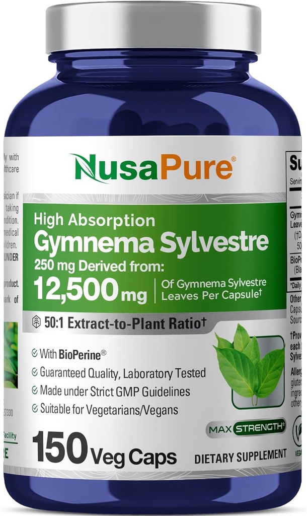 NusaPure Gymnema Sylvestre 50:1 Extract, 250 mg Ισοδύναμο με 12.500mg Per Vegan Caps - 150 Count (Non-GMO, Vegan, Bioperine)