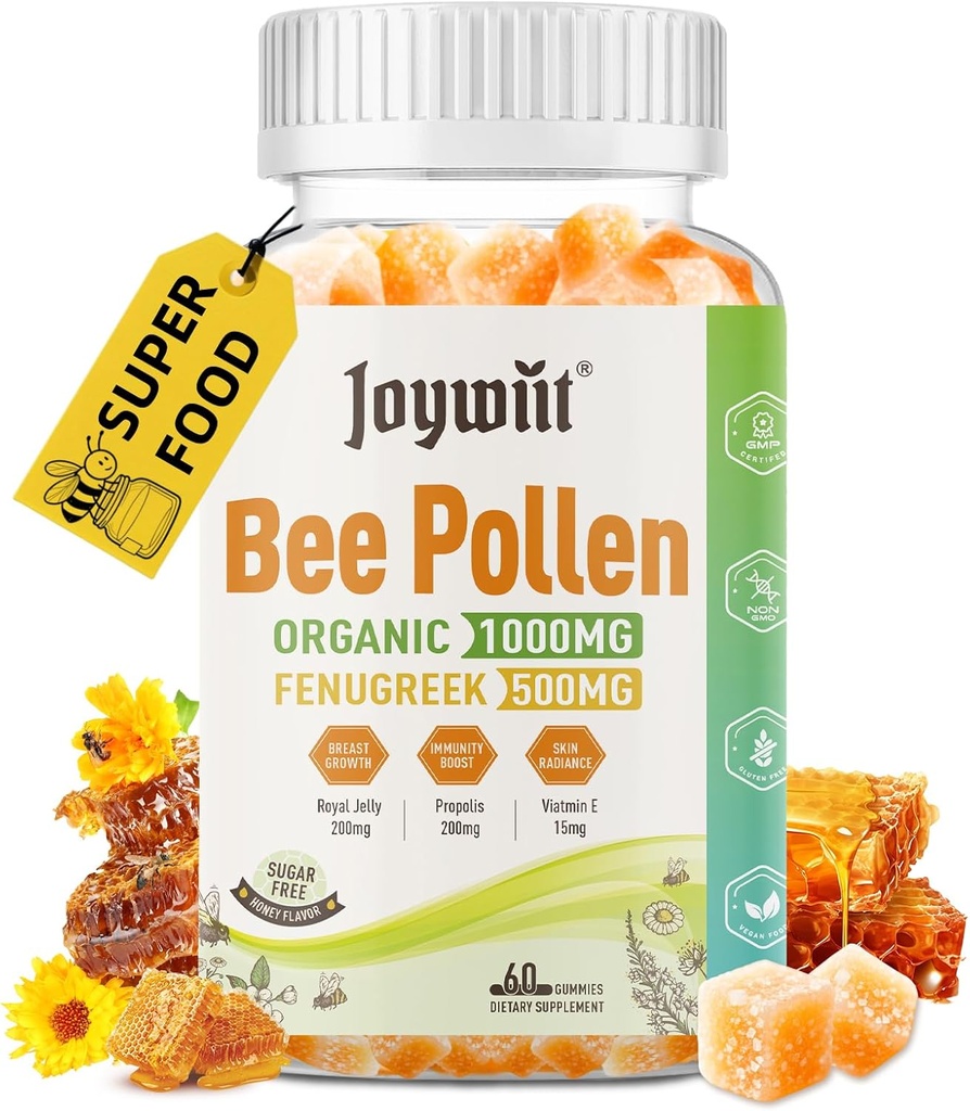 Arı Pollen 1000 mg Sugar Free Gummies, w/Fenugreek, Royal Jelly, Propolis, Organik Arı Pollen Chewable Supplement for Women, Rich in Vitamin E, Immunity & Skin Care, 60 Counts