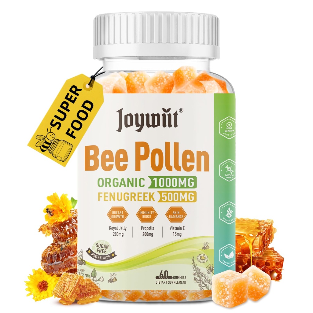 Bee Pollen 1000mg Sugar Free Gummies, w/Fenugreek, Royal Jelly, Propolis, Organic Bee Pollen Chewable Supplement for Women, Πλούσιο σε Βιταμίνη Ε, Ασυλία & Δερμάτινη Φροντίδα, 60 Counts