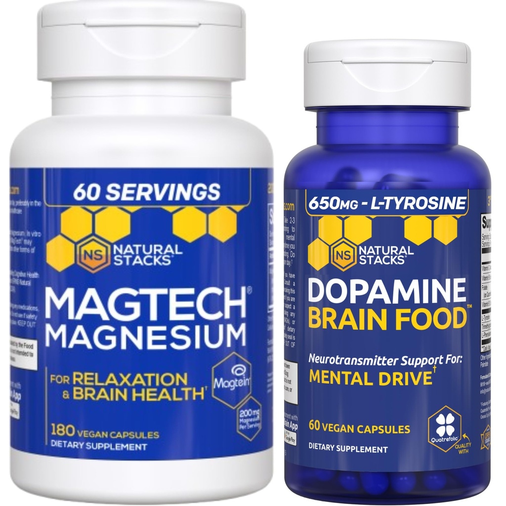 NATURAL STACKS Dopamine Brain Food + Magtech Magnezyum Supplement Sche - Supports Focus, Relaxation & Memory* - 240 Total Capsules