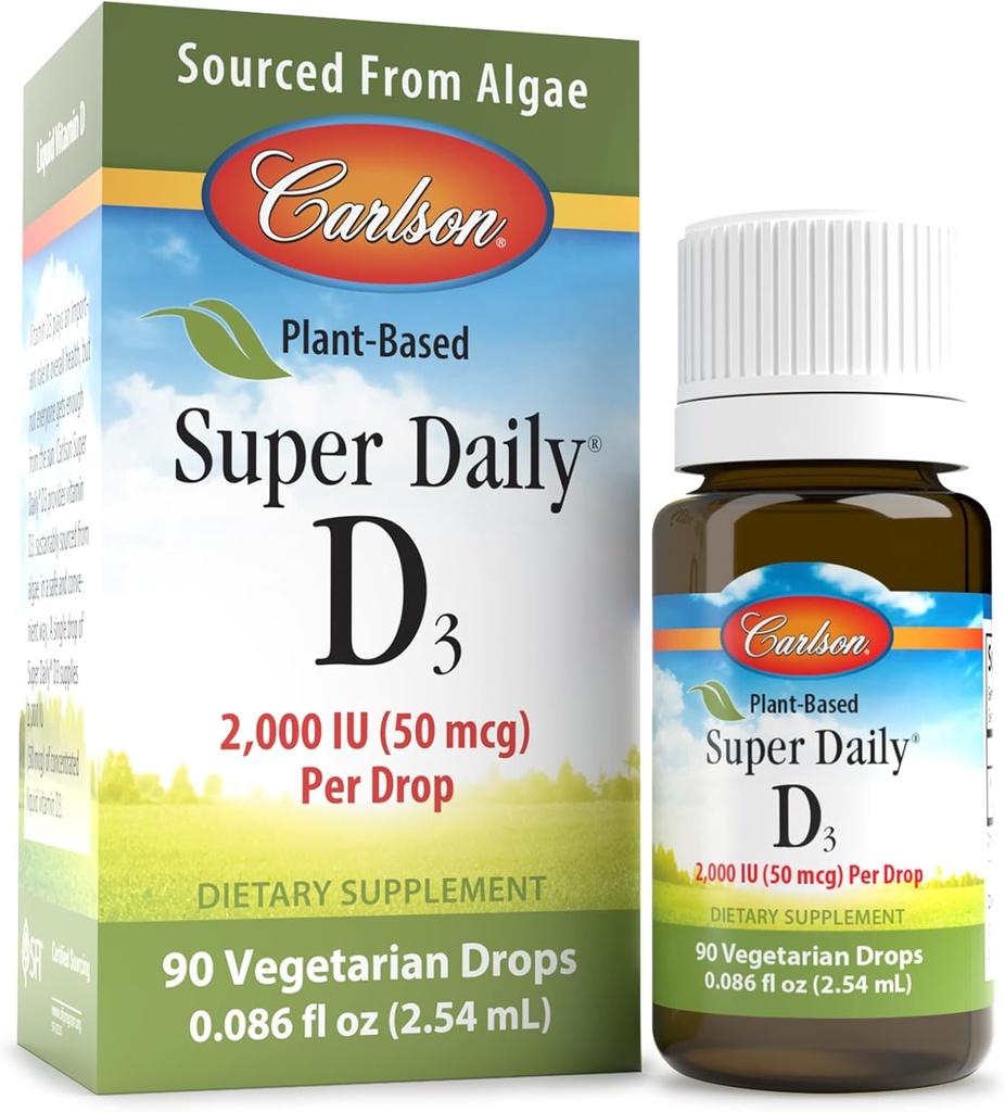 Carlson - Plant-Based Super Daily D3 2000 IU (50 mcg) per Drop, Vegetarian Vitamin D Drops, Liquid Vitamin D3, Algae, Unflavored, 90 Drops (2.54 mL)
