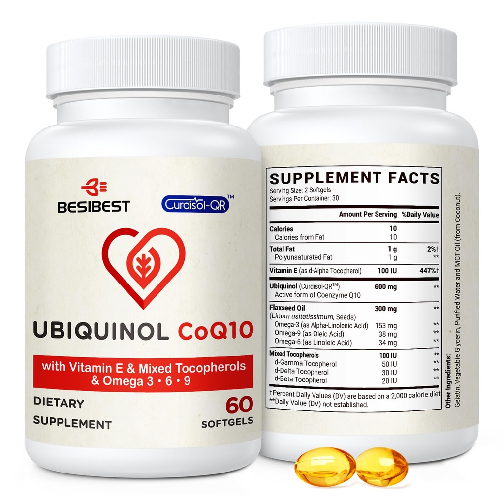 Ubiquinol CoQ10-600mg-Softgel, Active Coq10 Ubiquinol Supplement with Vitamin E & Omega 3, 6, 9, Υψηλή Απορρόφηση-Συνένζυμο-Q10, Ισχυρό Αντιοξειδωτικό για την παραγωγή ενέργειας, Tested, 60 Count