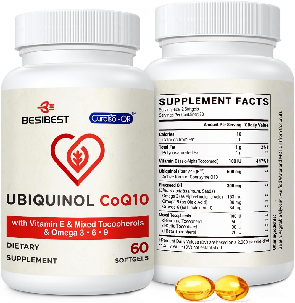 Ubiquinol CoQ10-600mg-Softgel, Active Coq10 Ubiquinol Supplement with Vitamin E & Omega 3, 6, 9, Υψηλή Απορρόφηση-Συνένζυμο-Q10, Ισχυρό Αντιοξειδωτικό για την παραγωγή ενέργειας, Tested, 60 Count