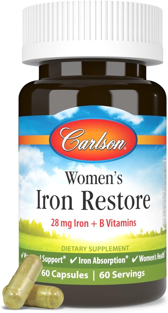Carlson - Kadınların Demir Geri Dönüşümü, 28 mg Demir + B Vitamini, Erkeklerstrual Support, Iron Abxia & Women's Health, 60 Capsules