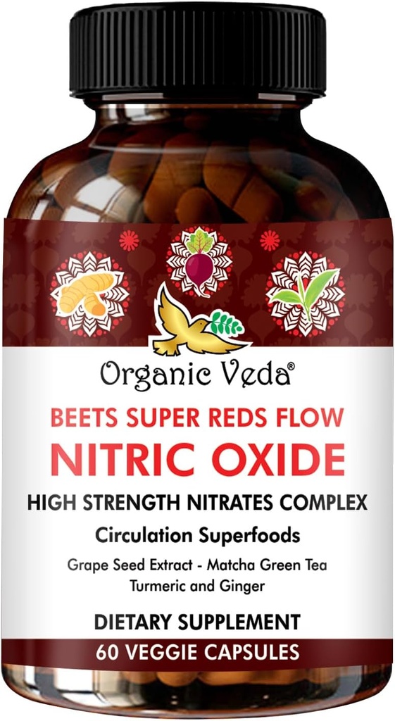 Organik Veda Beet Root Grape Seed & Red Spinach Nitrik Membran Capsules - Mekanik Beets Nitrates Supplements with Circulation Poker Tea Extract, Turmeric, Pomegranate - 60 Vegan Pills