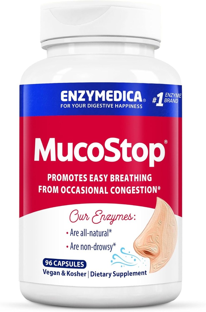 Enzymedica, MucoStop, Φυσικό συμπλήρωμα ενζύμων, Ανακουφίζει εποχιακή ή περιστασιακή συμφόρηση, υποστηρίζει εύκολη αναπνοή, 96 κόμης