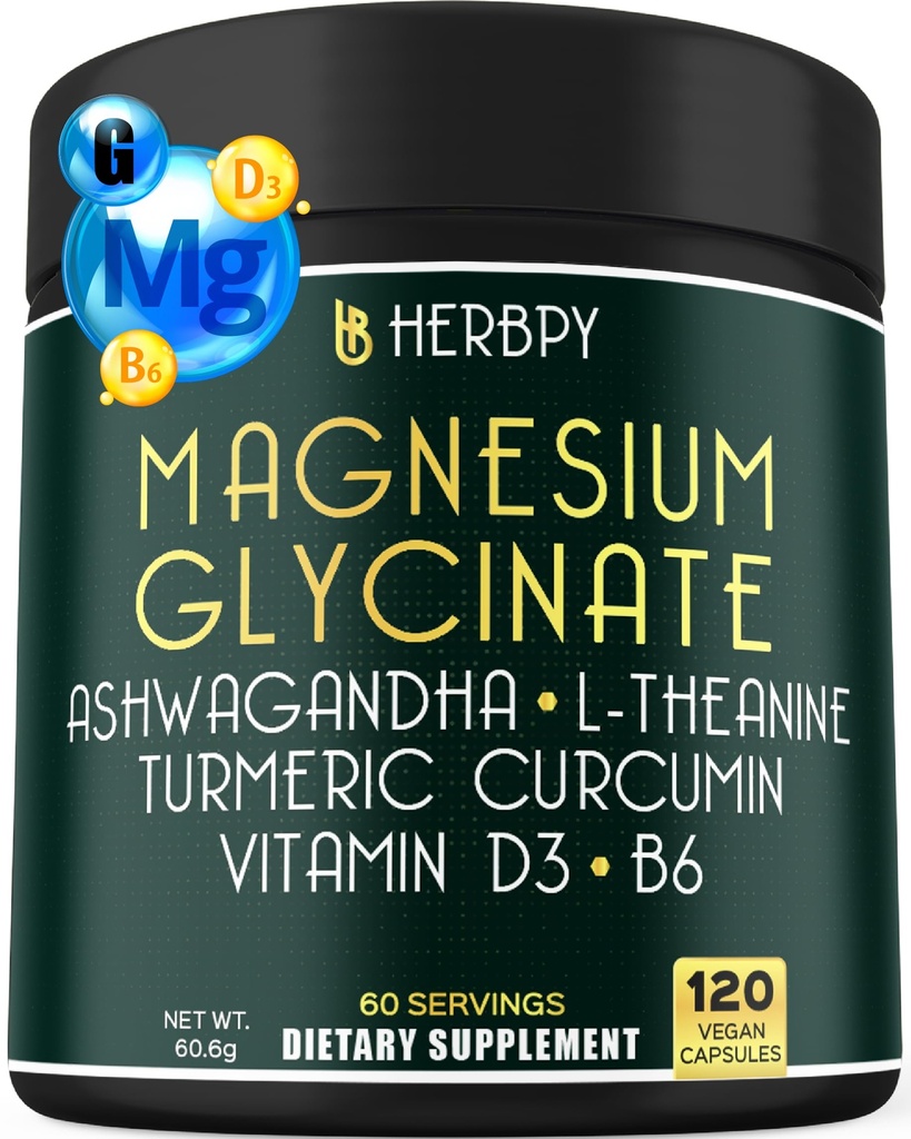 6in1 Restful Day and Night Supplement with Magnezyum Glycinate, Vitamin D3, B6, L-Theanine, Ashwagandha and Turmeric Root - Brain, Heart and Digestive Health Support - 120 Vegan Capsules