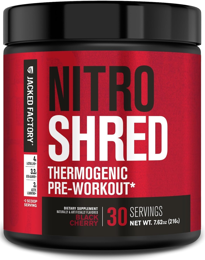 Jacked Factory NITROSURGE Shred Pre Workout Supplement - Ενεργειακό Booster, Instant Strength Gains, Sharp Focus, Ισχυρές Αντλίες - Nitric Oxide Booster & PreWorkout Powder - 30Sv, Black Cherry